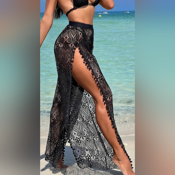 2/$50 NEW Elegant Sexy Black Lace Sheer Flowy BurnoutSwim Cover-Up Pants(#1,477) - Picture 3 of 7